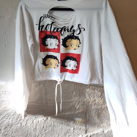 Popular Sports Betty Boop Graphic Long Sleeve Distressed Cropped T-Shirt Size L - Picture 6 of 10